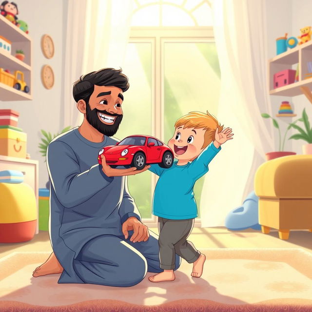 A cheerful living room scene depicting a Muslim father kneeling with a smile, holding out a bright red toy car to his child