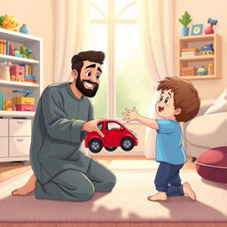 A cheerful living room scene depicting a Muslim father kneeling with a smile, holding out a bright red toy car to his child