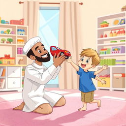 A cheerful living room scene depicting a Muslim father kneeling with a smile, holding out a bright red toy car to his child