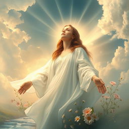 A divine and ethereal scene depicting a woman as a symbol of grace and spirituality, surrounded by soft, glowing light