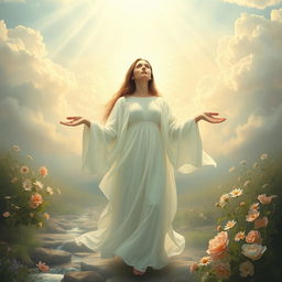 A divine and ethereal scene depicting a woman as a symbol of grace and spirituality, surrounded by soft, glowing light