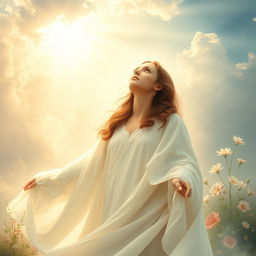 A divine and ethereal scene depicting a woman as a symbol of grace and spirituality, surrounded by soft, glowing light