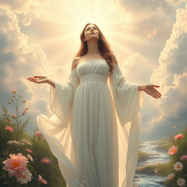 A divine and ethereal scene depicting a woman as a symbol of grace and spirituality, surrounded by soft, glowing light