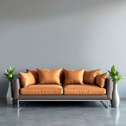 A modern, stylish couch set placed against a gray wall