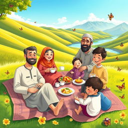 A picturesque cartoon illustration of a cheerful Muslim family enjoying a picnic in a sunny green valley