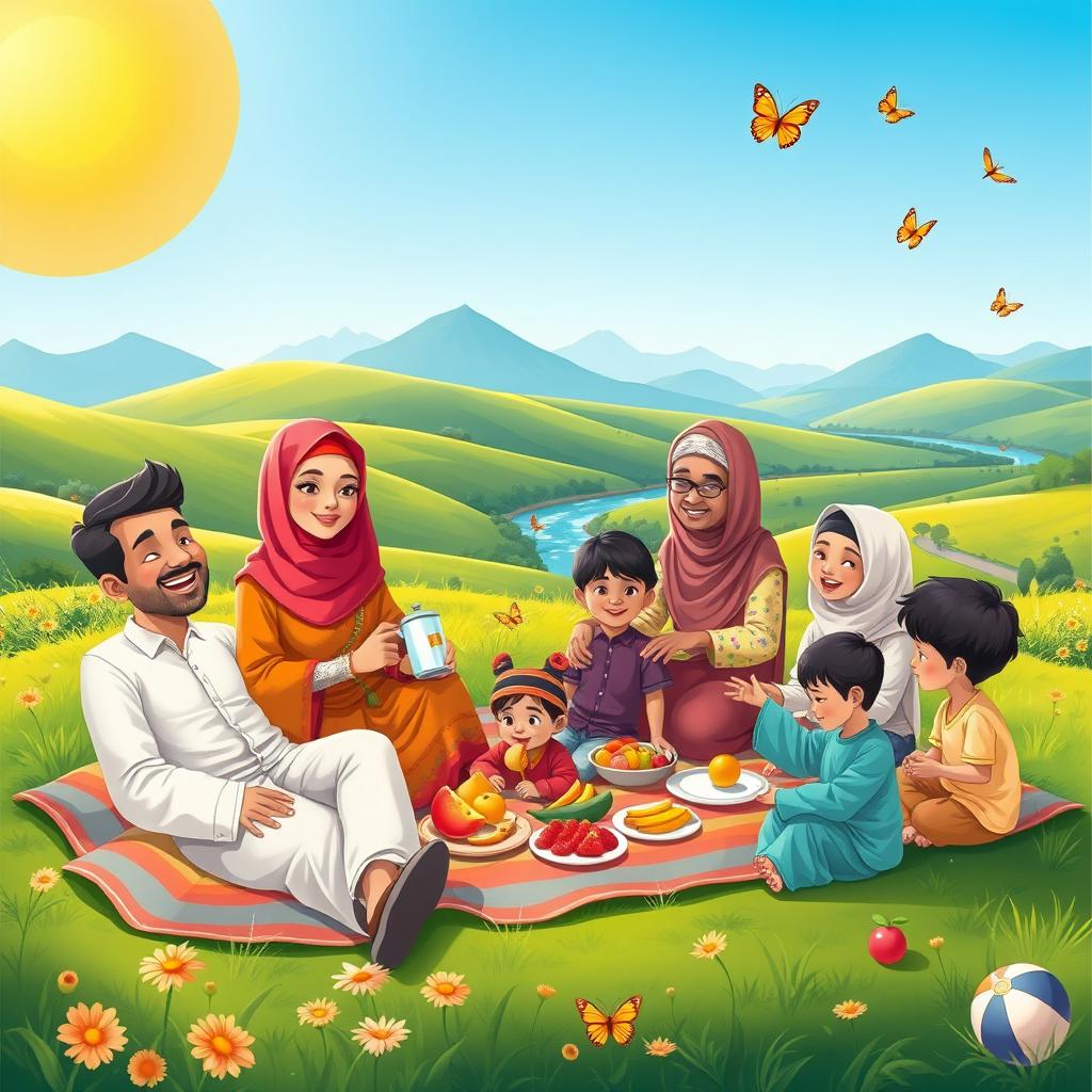 A picturesque cartoon illustration of a cheerful Muslim family enjoying a picnic in a sunny green valley