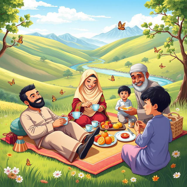 A picturesque cartoon illustration of a cheerful Muslim family enjoying a picnic in a sunny green valley