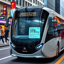 A futuristic bus prototype featuring a compact design with sleek aerodynamic lines, equipped with a small LCD screen mounted on the front