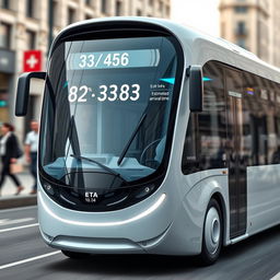 A futuristic bus prototype featuring a compact design with sleek aerodynamic lines, equipped with a small LCD screen mounted on the front