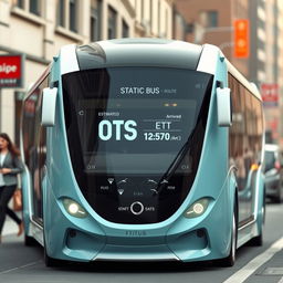 A futuristic bus prototype featuring a compact design with sleek aerodynamic lines, equipped with a small LCD screen mounted on the front
