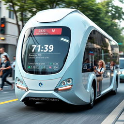 A futuristic bus prototype featuring a compact design with sleek aerodynamic lines, equipped with a small LCD screen mounted on the front