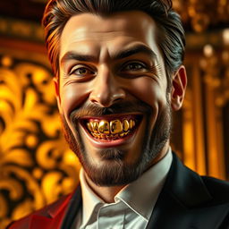 A close-up image of a male figure with an extravagant and confident expression, showcasing his unique smile with teeth made entirely of gold