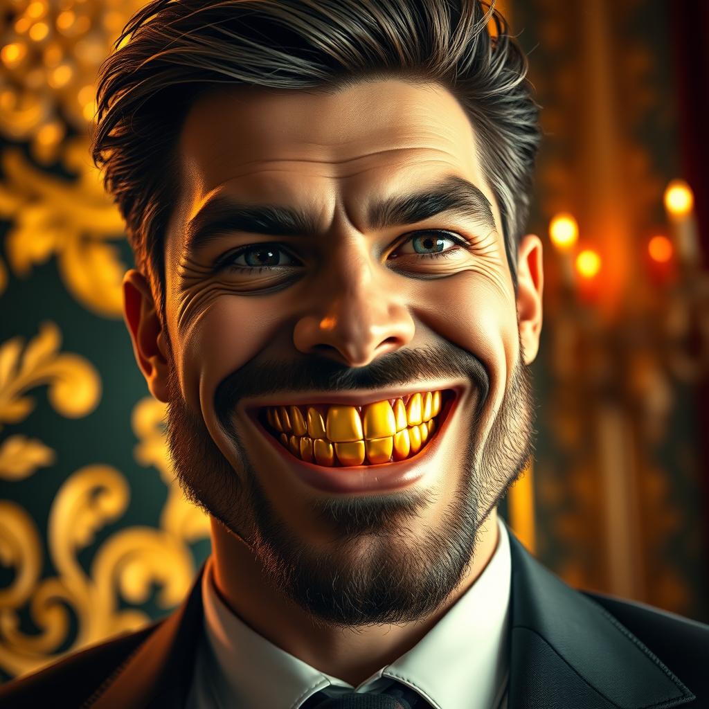 A close-up image of a male figure with an extravagant and confident expression, showcasing his unique smile with teeth made entirely of gold