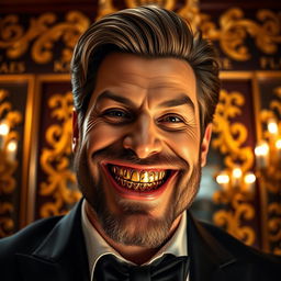 A close-up image of a male figure with an extravagant and confident expression, showcasing his unique smile with teeth made entirely of gold