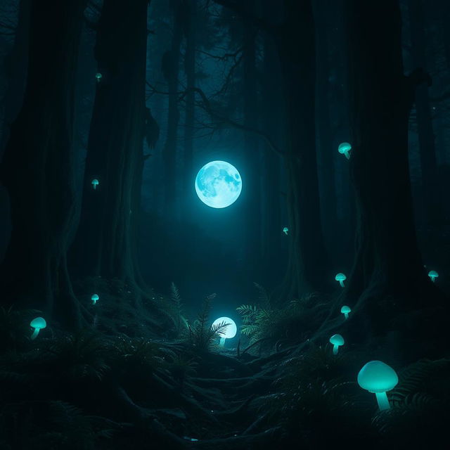 A mystical scene featuring a will-o'-the-wisp glowing softly in a dark, enchanted forest