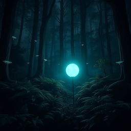 A mystical scene featuring a will-o'-the-wisp glowing softly in a dark, enchanted forest