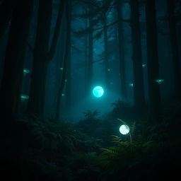 A mystical scene featuring a will-o'-the-wisp glowing softly in a dark, enchanted forest