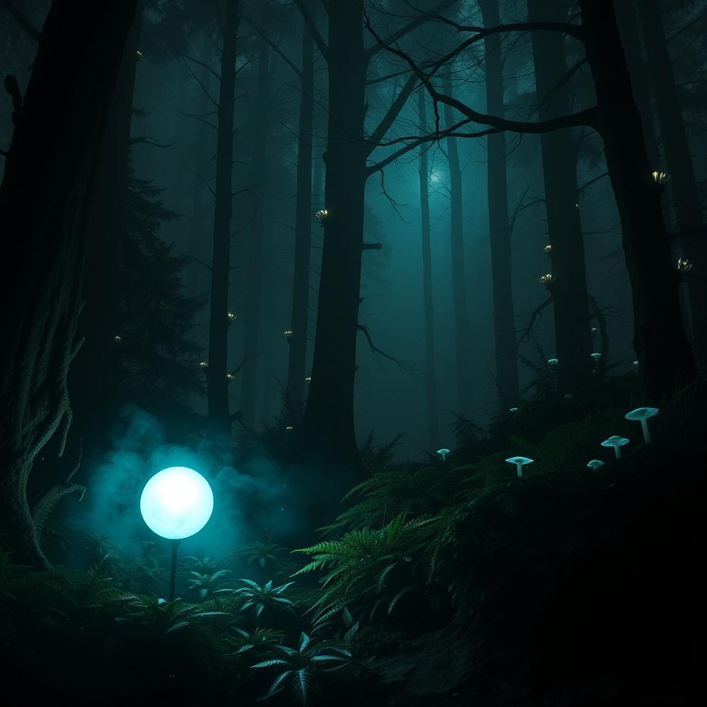 A mystical scene featuring a will-o'-the-wisp glowing softly in a dark, enchanted forest