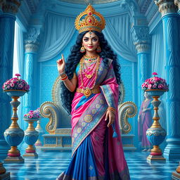 A stunning, enchanting, alluring, and ethereal Indian goddess with striking blue eyes and long, curly hair