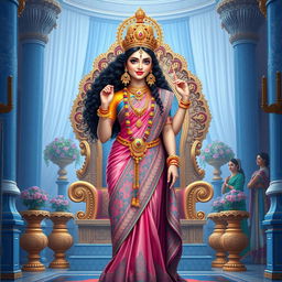A stunning, enchanting, alluring, and ethereal Indian goddess with striking blue eyes and long, curly hair