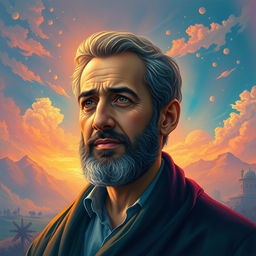 A portrait of Shahid Avini, showcasing him in an artistic style, with vibrant colors and a thoughtful expression