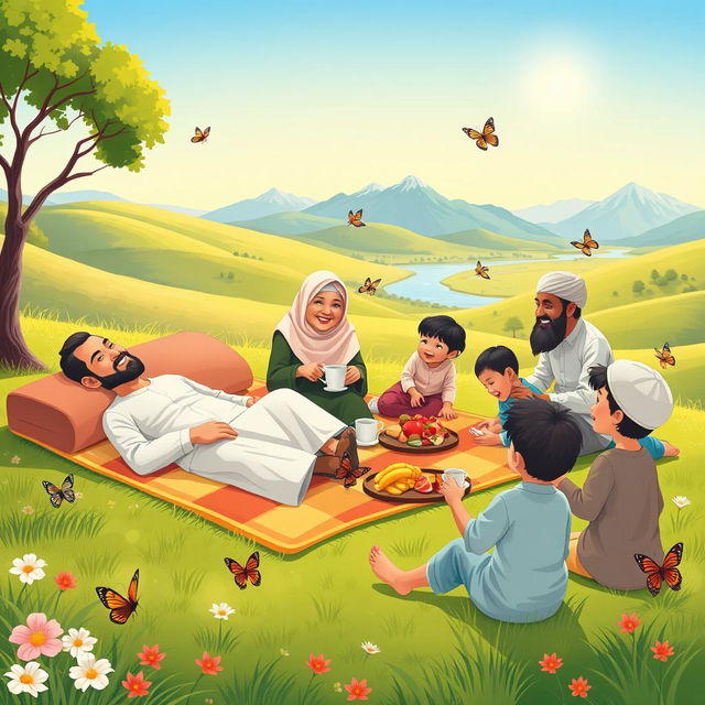 A Muslim family enjoying a picnic in a sunny green valley