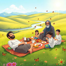 A Muslim family enjoying a picnic in a sunny green valley