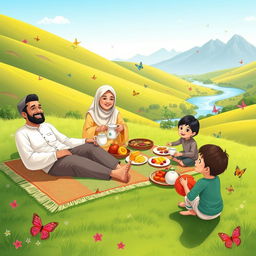 A Muslim family enjoying a picnic in a sunny green valley