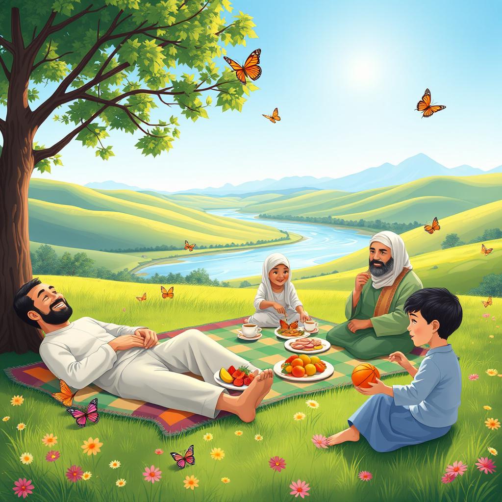 A Muslim family enjoying a picnic in a sunny green valley