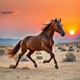 A majestic Arabian horse, galloping through a beautiful desert landscape at sunset