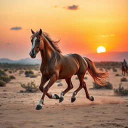A majestic Arabian horse, galloping through a beautiful desert landscape at sunset