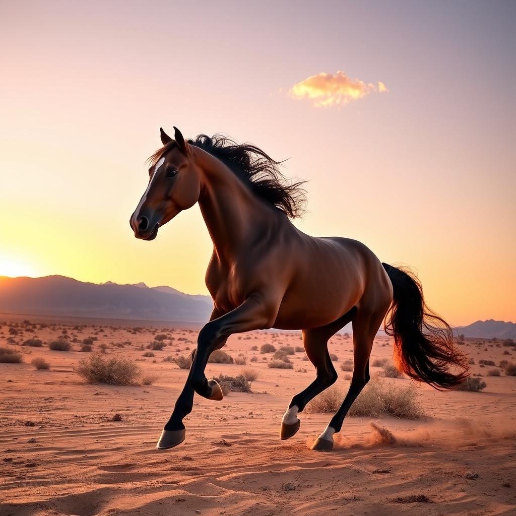 A majestic Arabian horse, galloping through a beautiful desert landscape at sunset