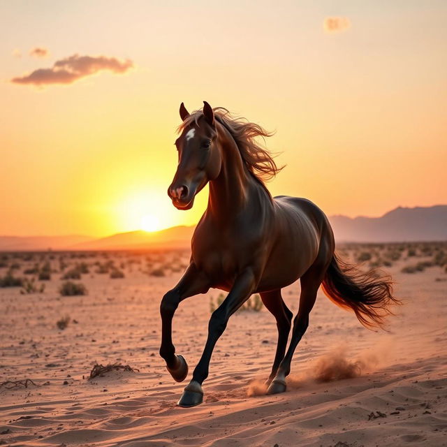 A majestic Arabian horse, galloping through a beautiful desert landscape at sunset