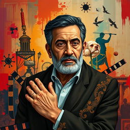 A vibrant and soulful portrait of Martyr Morteza Avini, capturing his essence as a filmmaker and intellectual