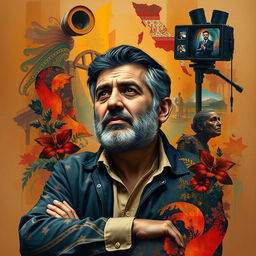 A vibrant and soulful portrait of Martyr Morteza Avini, capturing his essence as a filmmaker and intellectual