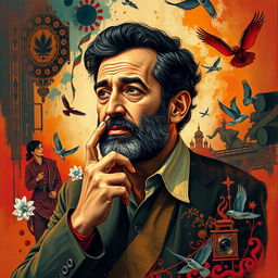 A vibrant and soulful portrait of Martyr Morteza Avini, capturing his essence as a filmmaker and intellectual