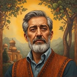 An artistic representation of Martyr Morteza Avini, capturing his serene expression with a thoughtful gaze