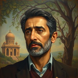 An artistic representation of Martyr Morteza Avini, capturing his serene expression with a thoughtful gaze