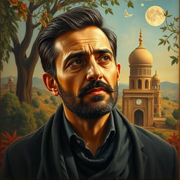 An artistic representation of Martyr Morteza Avini, capturing his serene expression with a thoughtful gaze