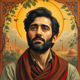 An artistic representation of Martyr Morteza Avini, capturing his serene expression with a thoughtful gaze