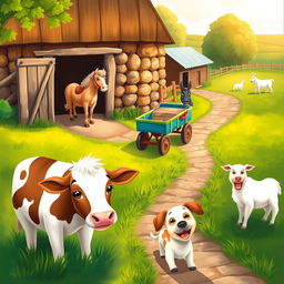 A soft, illustrative painting of a vibrant farm scene
