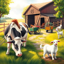 A soft, illustrative painting of a vibrant farm scene