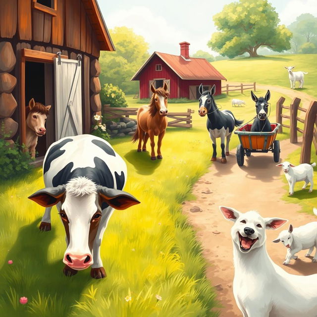 A soft, illustrative painting of a vibrant farm scene