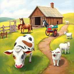 A soft, illustrative painting of a vibrant farm scene