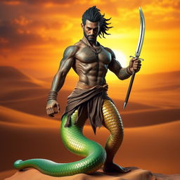A striking figure of a human head and upper body seamlessly merging with a serpentine lower body instead of traditional legs