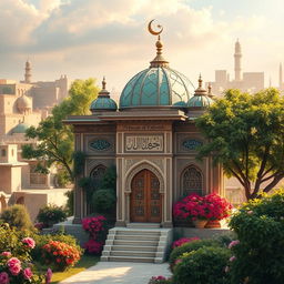 A serene and beautiful depiction of the House of Fatimah (حضرت زهرا) against a backdrop of an ancient city