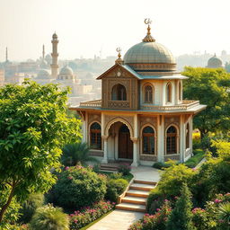 A serene and beautiful depiction of the House of Fatimah (حضرت زهرا) against a backdrop of an ancient city