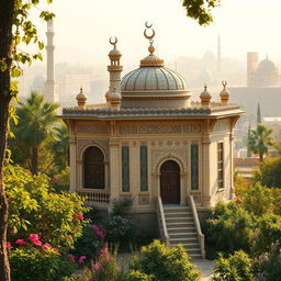 A serene and beautiful depiction of the House of Fatimah (حضرت زهرا) against a backdrop of an ancient city