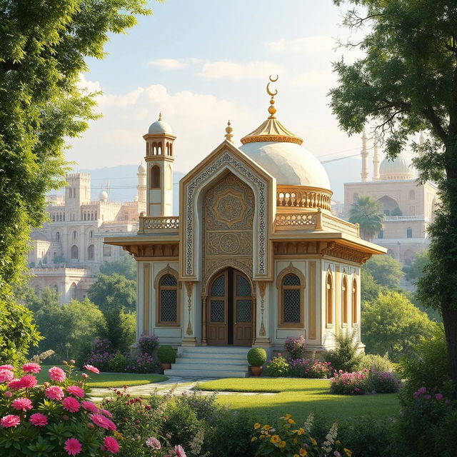 A serene and beautiful depiction of the House of Fatimah (حضرت زهرا) against a backdrop of an ancient city