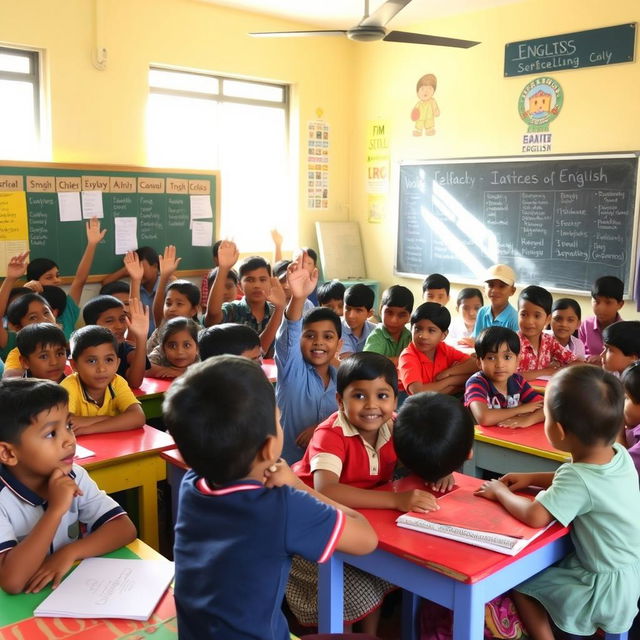 A vibrant classroom scene in Bangladesh filled with children actively participating in an English lesson